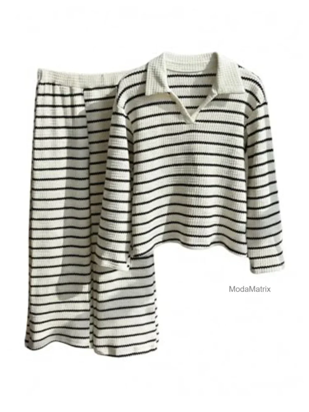 Girls Striped Knit Two Piece Set V Neck Long Sleeve Wide Leg Pants Lounge Set